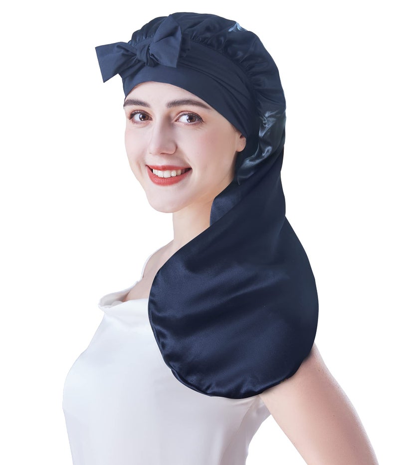 Cocheng Mulberry Silk Bonnet for Sleeping Long Silk Bonnet for Curly Hair Braids Bonnet for Women Silk Bonnet with Tie Band Blue - Image 1